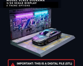 Archivo STL de diorama de garaje JDM a escala 1/24, exhibición de autos fundidos a presión