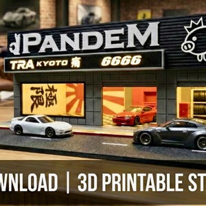 May include: A miniature model of a car shop with the text "PANDEM" and Japanese characters. The shop has a black facade, a pig logo, and a display of miniature cars. The base reads "DIGITAL DOWNLOAD | 3D PRINTABLE STL FILES".