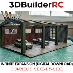 May include: A miniature garage model with two toy cars inside. The garage has a green frame, brick walls, and windows. The text "3DBuilderRC" is at the top, and "INFINITE EXPANSION (DIGITAL DOWNLOAD) CONNECT SIDE-BY-SIDE" is at the bottom.
