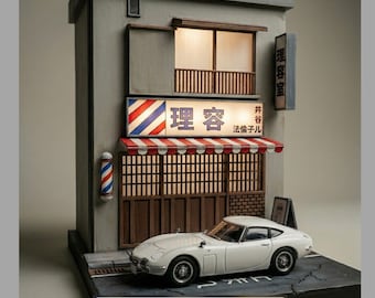 Diorama de barbería japonesa a escala 1/64: escena urbana modular, impresión 3D en resina (descarga digital).