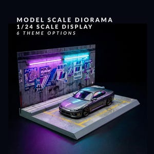Diorama garażowa JDM w skali 1/24, ekspozycja samochodów odlewanych ciśnieniowo