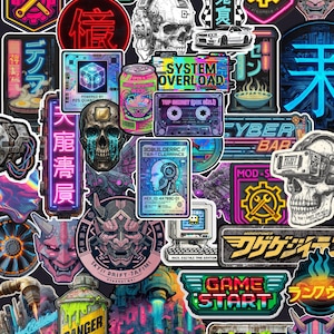 May include: A collection of colorful stickers with a cyberpunk theme. Designs include skulls, Japanese text, neon signs, and retro computer graphics. The stickers feature a variety of shapes and sizes, with a dark background.