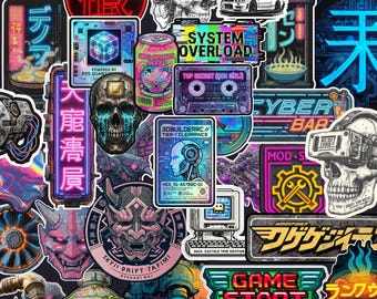 Cyberpunk JDM Digital Sticker Pack, Neon Futuristic Streetwear 70pcs (PNG-Digital Download)