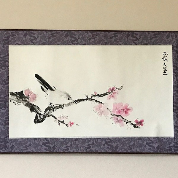 Kakemono oiseau sur branche de prunus