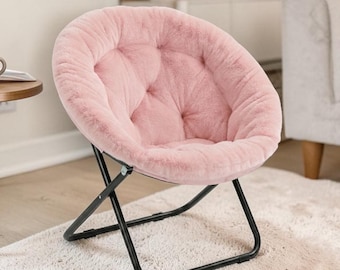 Handmade Pink Faux Fur Moon Chair – Folding Boho Lounge Chair for Adults – Soft Cozy Accent Chair for Bedroom, Living Room