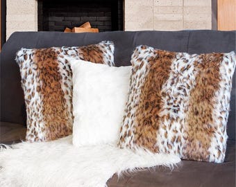Faux Fur Pillows | Scatter Snow Leopard Pillow Pair | White Fur Pillow | Sheepskin Decorative Cushion 18x18" | Unique Bed Decor Gift for Her