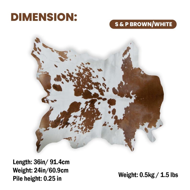 May include: A cowhide rug in brown and white, with dimensions of 36 inches in length and 24 inches in width. The pile height is 0.25 inches. The rug weighs 1.5 lbs. The rug has a natural pattern and texture.