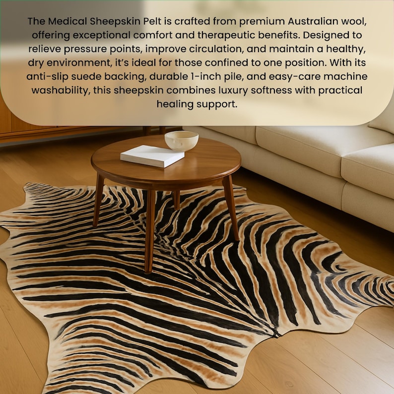 May include: A zebra-striped rug with black and tan patterns. A small, round wooden table with a book and a bowl sits on top of the rug. The rug is on a wooden floor.