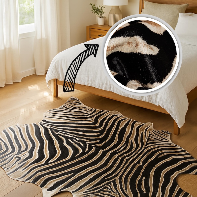 May include: A zebra-print rug with black and tan stripes lies on a wooden floor. The rug is in front of a bed with a white comforter. A close-up shows the texture of the rug's fur.