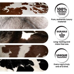 May include: Close-up of various sections of natural Brazilian calfskin rugs. The rugs display unique patterns in shades of brown, white, black, and gray. The image includes text stating the rugs are durable, shed-free, and have unique variations.