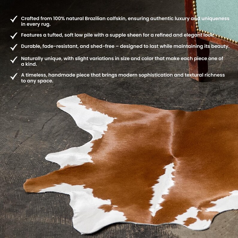 May include: A brown and white cowhide rug. The rug is made from natural Brazilian calfskin and has a soft, low pile. The rug's unique pattern and color variations add a touch of sophistication to any space.