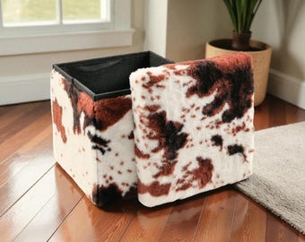 Small Cube Cowhide Brown and white Faux Fur Storage Ottoman | Cube Ottoman | Square Floor Cushion | Minimalist ottoman, Room Décor, 12x12x12