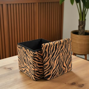 May include: A square storage ottoman with a tiger stripe pattern in orange and black. The lid is partially open, revealing a black interior. The ottoman is on a wooden surface.