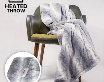 Luxe Classic Heated Faux Fur Throw | Grey white | Premium Fake Fur | Luxury Faux Fur Throw | Cozy Blanket | Throw Blanket | Home Décor