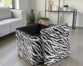 Small Cube Zebra Black & white Faux Fur Storage Ottoman | Cube Ottoman | Square Floor Cushion, Minimalist ottoman, Cozy Room Décor, 12x12x12