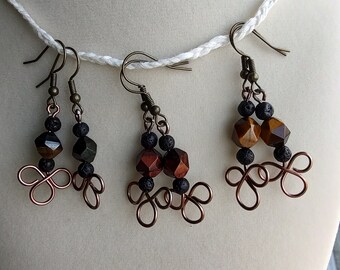 Wire Clover Leaf Drop Earrings Tiger Eye Handmade Natural Crystals