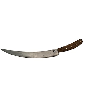 May include: A curved, vintage-style knife with a dark wooden handle secured by brass rivets. The blade is made of aged steel, showing signs of wear. The knife has a distinctive, crescent shape, ideal for cutting. The blade has a small logo etched near the handle.