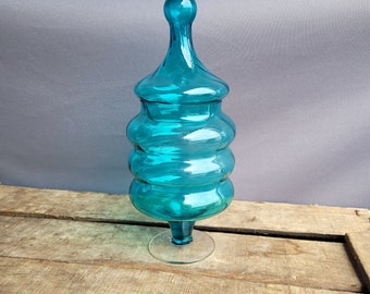 Vintage Empoli Apothecary Jar Glass Circus Tent Ribbed Hooped  Blue Bonbon 1970s Italian glass decor