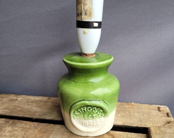 Vintage T King & Son Table Lamp Pottery Ceramic Glazed Jar Shape Green And Cream Jar Lamp 1960s