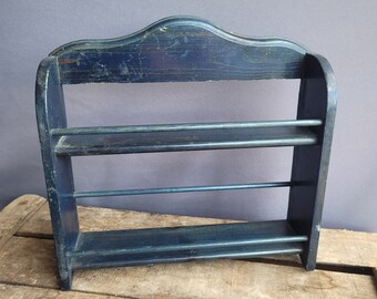 Blue painted 2 tier spice rack vintage Kitchenalia storage shelf