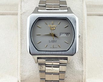 Seiko 5 Watch Vintage Automatic Gray Dial Wristwatch
