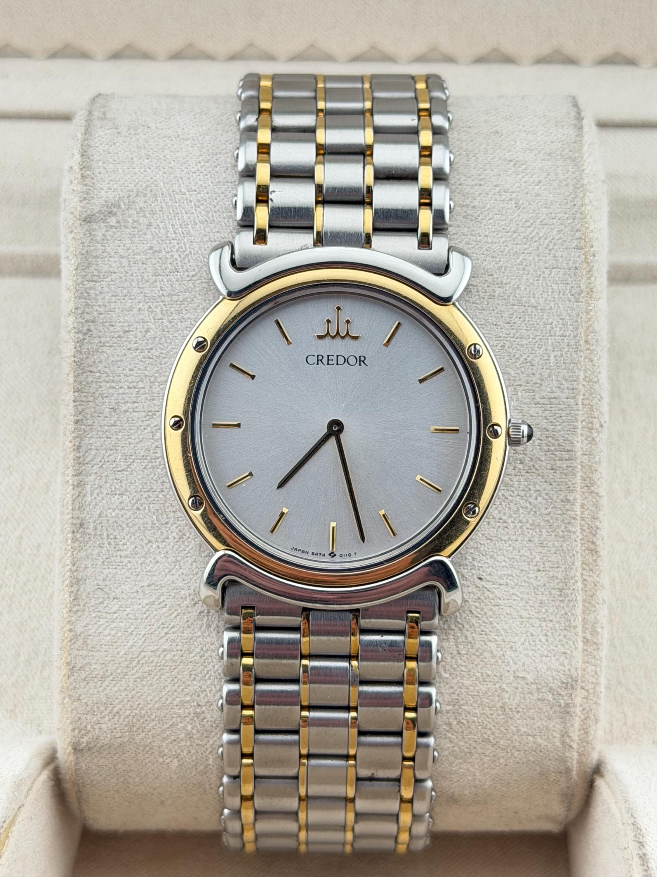 Seiko Credor 5A74-0050 Quartz Unisex Watch Silver Dial 18K Gold