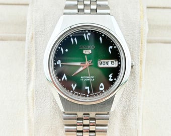 ヴィンテージ セイコー5 自動巻き腕時計 | 36mm グリーン文字盤、日本