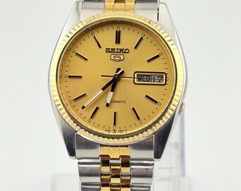 Seiko 5 Automatic Vintage Men's Watch Golden Dial Two Tone Japan