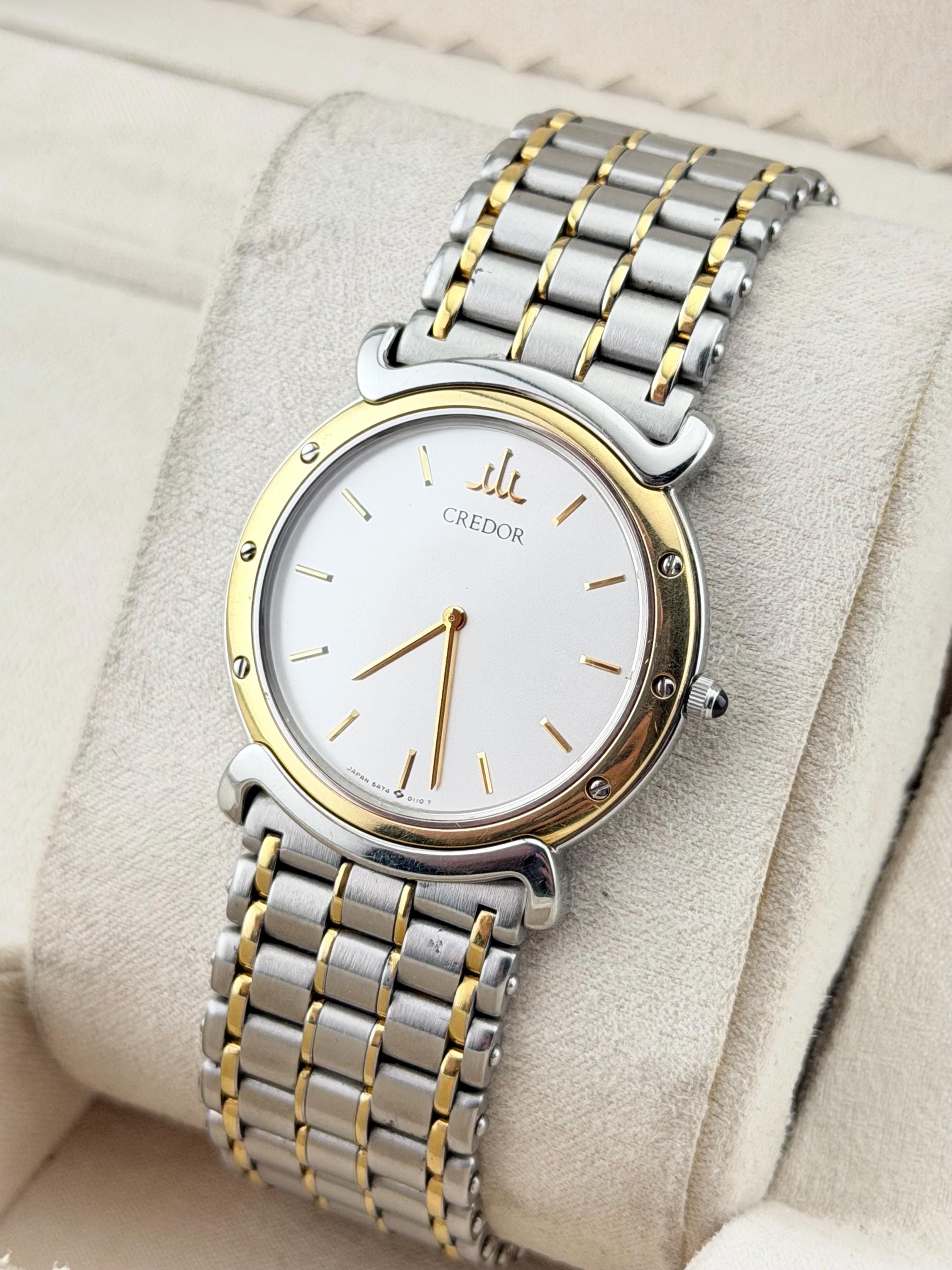 Seiko Credor 5A74-0050 Quartz Unisex Watch Silver Dial 18K Gold 