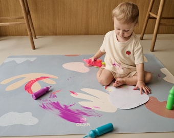 Messy Mat | Splash Mat | Floor Protector | Wipeable | Waterproof | Vegan Leather  Organic Sea 125x95 cm