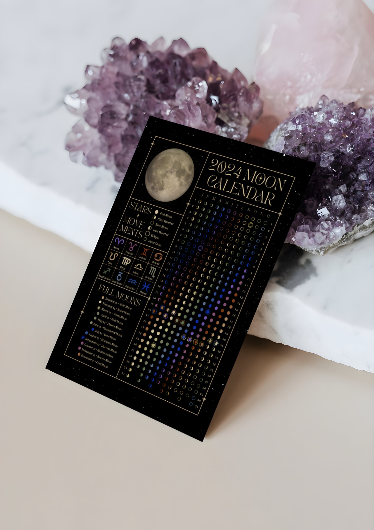2024 Moon Calendar, Printable Lunar Cycle, Moon Phases, Lunar Calendar