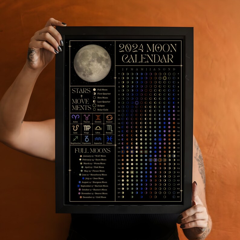 2024 Moon Calendar, Printable Lunar Cycle, Moon Phases, Lunar Calendar
