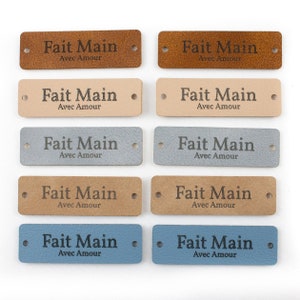 Handmade Label With Love in French, 10PCS in PU Leather to sew, 5 colors