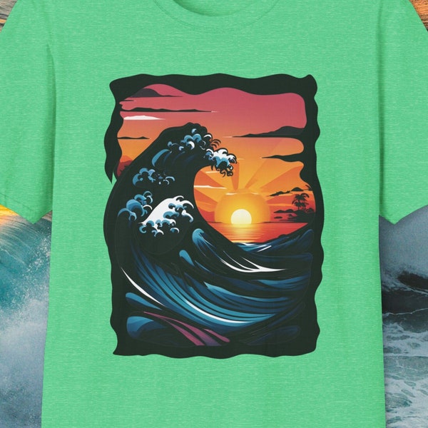 Surf Sunset Tshirt, Dark Wave Sunset T Shirt, Black Big Waves Surfing Tee, Surfer Soft Style Crewneck Top, Surf Life Stylish T-Shirt Gift