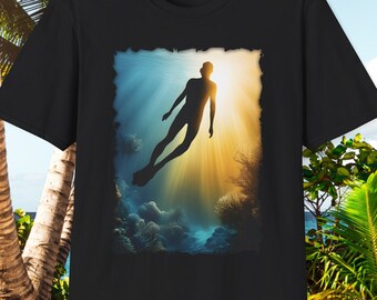 May include: Black t-shirt with a graphic print of a diver silhouetted against a sunbeam underwater. The diver is wearing a wetsuit and flippers. The background is a blue and green coral reef.