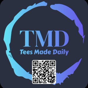 May include: A blue and purple circle with the text "TMD Tees Made Daily" and a black and white QR code.