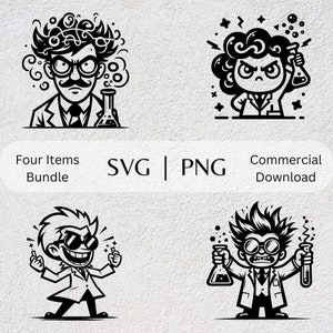 Científico loco SVG PNG Colección Dibujos animados dibujados a mano Clipart Laboratorio temática Vector Ilustración Archivos SVG para impresión y artesanías