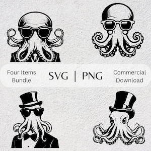 Cool Octopus SVG PNG Collection Fedora Hand Drawn Clipart Vector Illustration SVG Files for Printing and Crafts