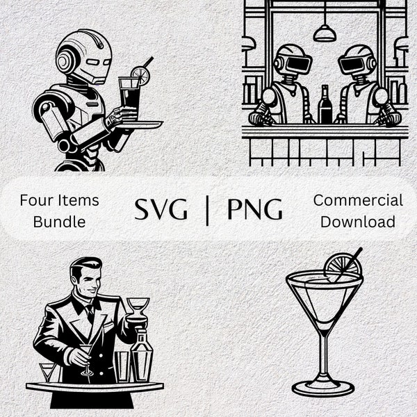 Bartender SVG PNG Collection Robot Hand Drawn Clipart Classic Themed Vector Illustration Bartender SVG Files for Printing and Crafts