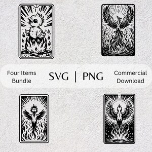 Ispira la collezione SVG di Phoenix Card, PNG, Clipart mitica, Illustrazione vettoriale a tema animale disegnato a mano, File SVG per la stampa e l'artigianato