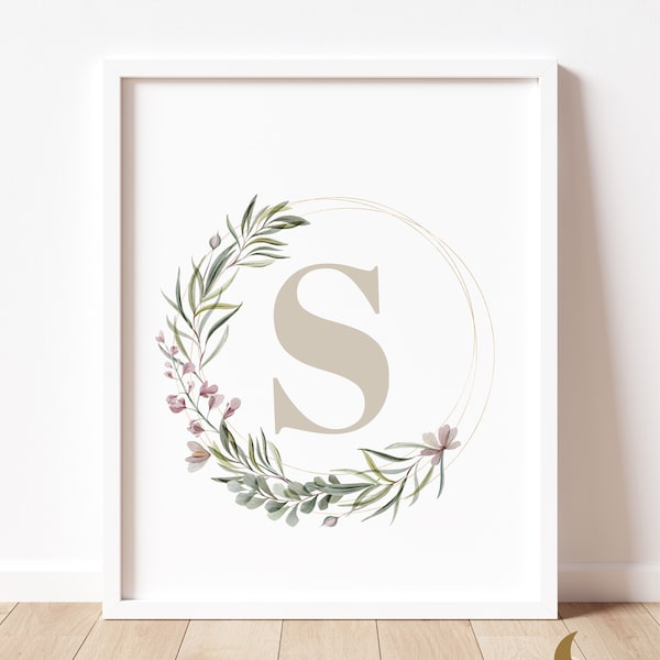 Custom Initial Print | Personalized Floral wreath | Nursery Printable | Kids Wall Art | PRINTABLE