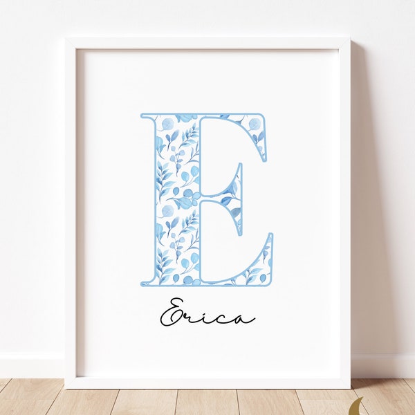 Custom Monogram Print | Personalized Initial Baby Name Print Blue Flowers | Nursery Printable | Kids Wall Art | PRINTABLE