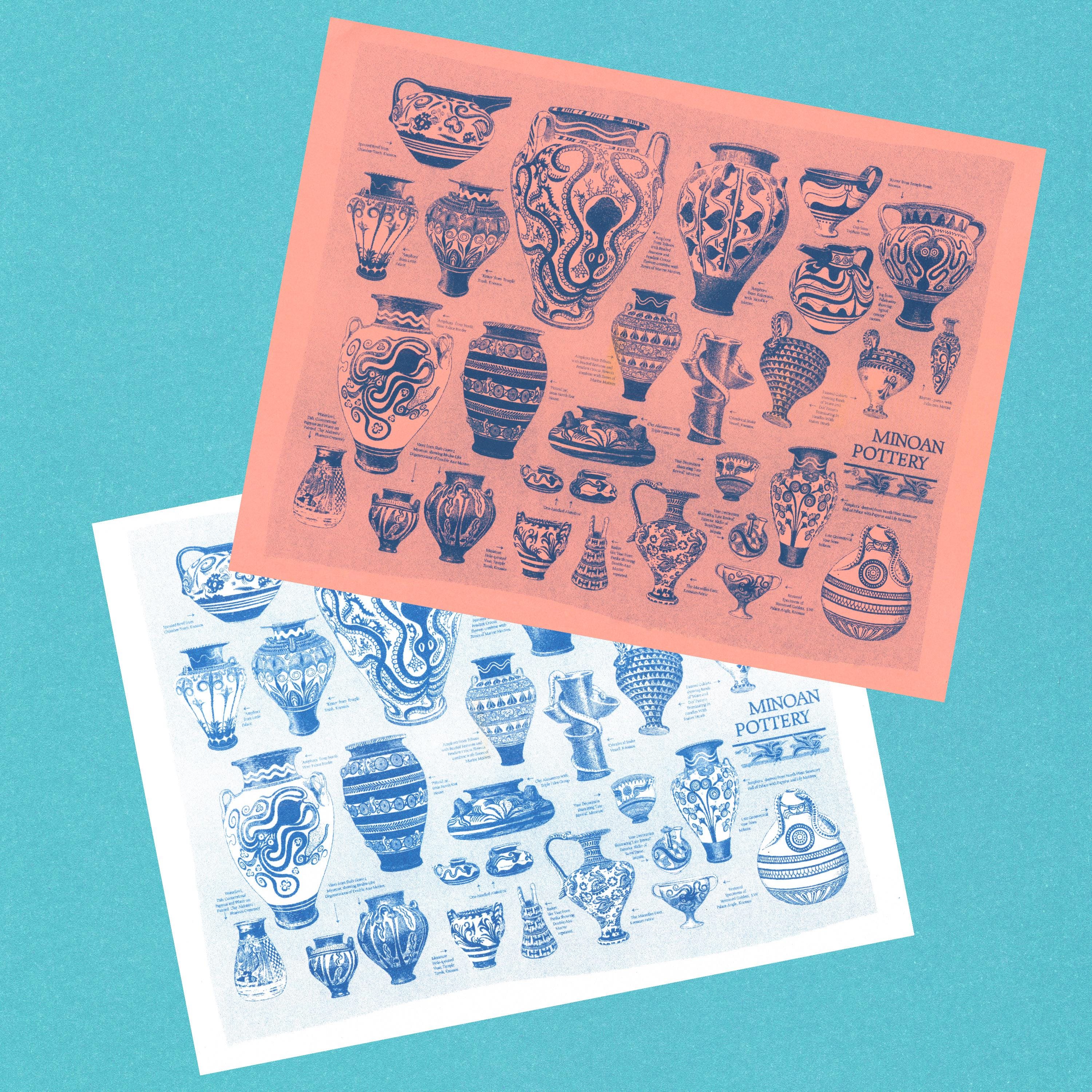 Risograph Ancient Minoan Pottery Print 11x8.5 inch riso art print
