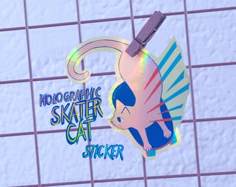 Pegatina holográfica de gato patinador