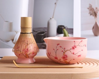 Bol à matcha rose Sakura en céramique avec fouet en bambou et porte-chenets, coffret matcha pour petite amie