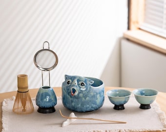 Funny vomiting cat Matcha Set: Blue Crystalline Glaze Ceramic Japanese Tea Ceremony Kit