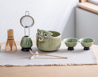 Green Ceramic 3D Funny vomiting Cat Matcha Bowl Set, Japanese Tea Ceremony Kit