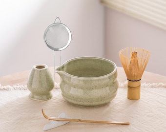 Sage Green  Matcha Bowl Set with Bamboo Whisk Valentine’s Day Tea Ceremony Gift