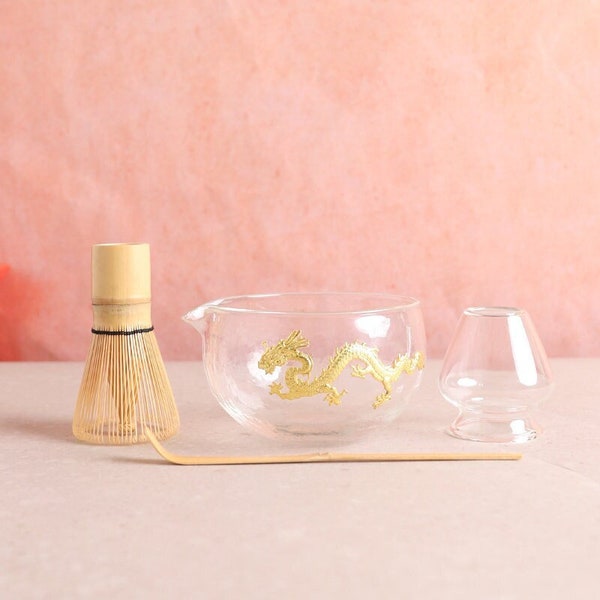 Clear Heat-resistant Glass Matcha Bowl with Dragon Pattern Bamboo Whisk and Chasen Holder Tea Ceremony Set