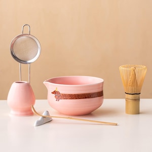 抹茶碗セット ダックスフント ピンク 抹茶キット 竹製泡立て器と茶こし付き お茶好きの方へのギフト